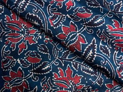 Dark Teal Blue Red Floral Modal Satin Fabric