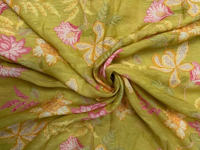 Yellow Floral Linen Organza Fabric