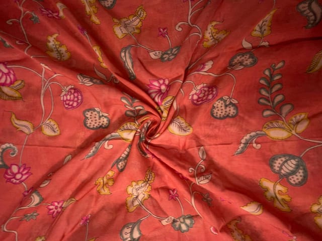 Dark Orange Floral Pure Chanderi Fabric