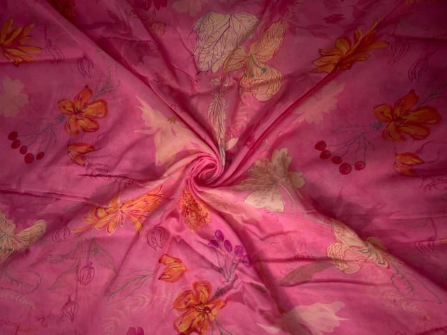 Pink Floral Pure Chanderi Fabric