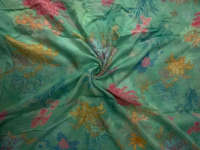 Sea Green Floral Pure Chanderi Fabric