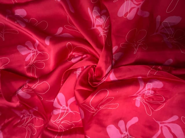 Red Pink Floral Viscose Organza Satin Fabric