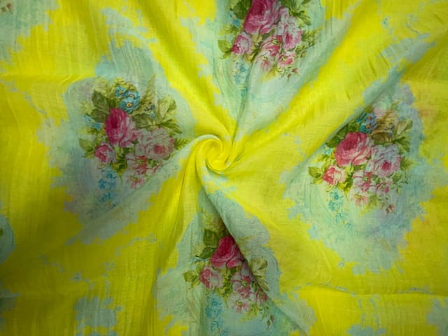 Lemon Yellow Floral Chanderi Mul Fabric