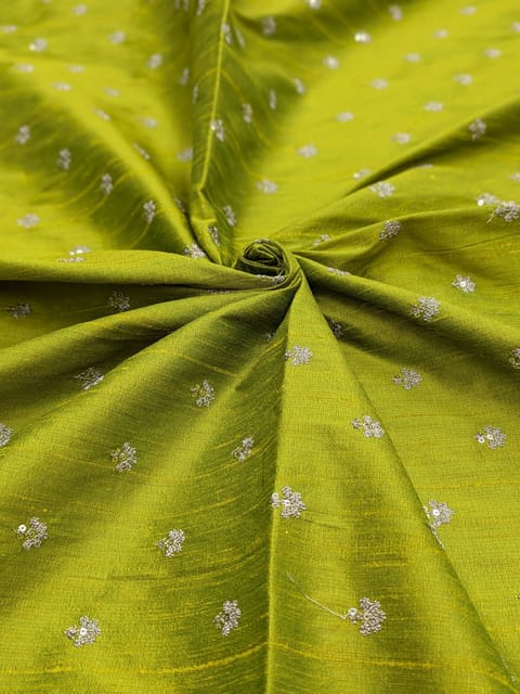 Green Raw Silk Fabric With Zari Work Butti
