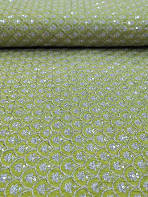 Green Raw Silk Fabric With Zari Work