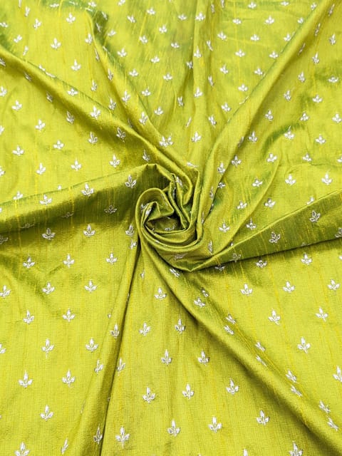 Green Raw Silk Fabric With Zari Work Butti