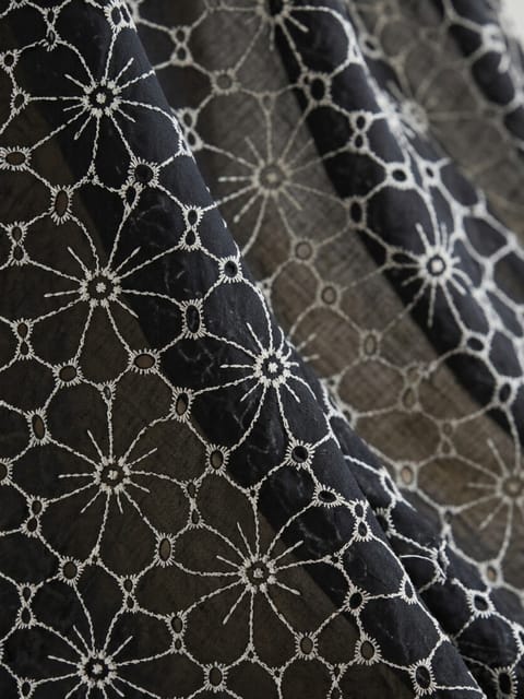 Black Daisy Web Pattern Schiffli Embroidered Fabric