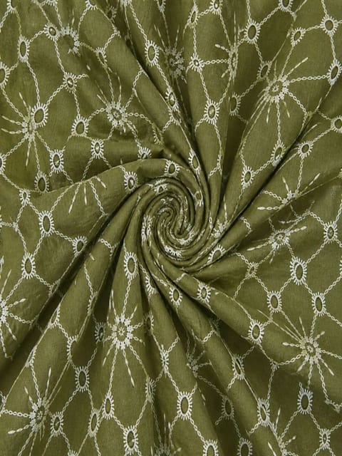 Olive green Daisy Web Pattern Schiffli Embroidered Fabric