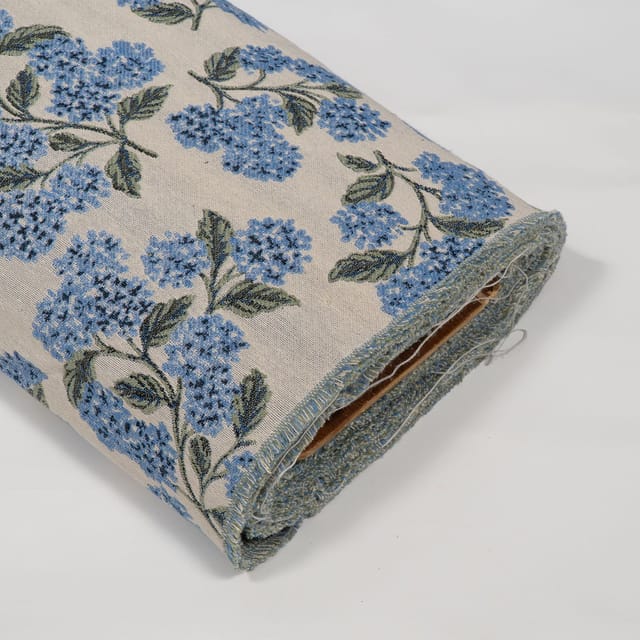 White and Blue Floral Design Cotton Blend Jacquard Fabric