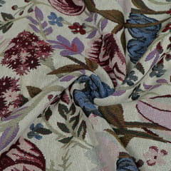 Beige and MultiColor Floral Cotton Blend Jacquard Fabric