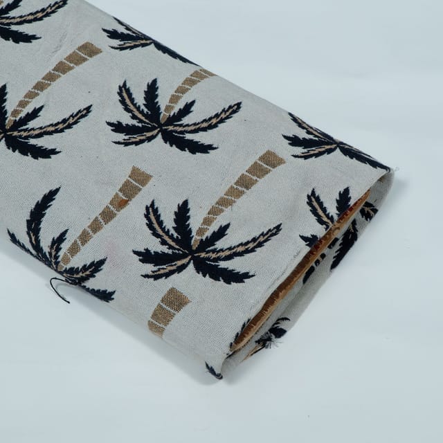 White and Navy Blue Tree Design Cotton Blend Jacquard Fabric