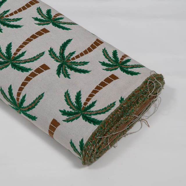 White and Green Tree Design Cotton Blend Jacquard Fabric