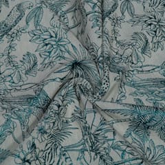White and Turqouise Tropical Design Cotton Blend Lurex Jacquard Fabric
