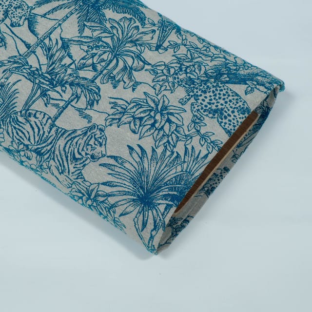 White Base Turqouise Tropical Design Cotton Blend Jacquard