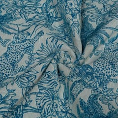 White Base Turqouise Tropical Design Cotton Blend Jacquard