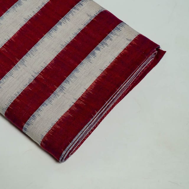 Maroon and White Colour Cotton Ikat Fabric