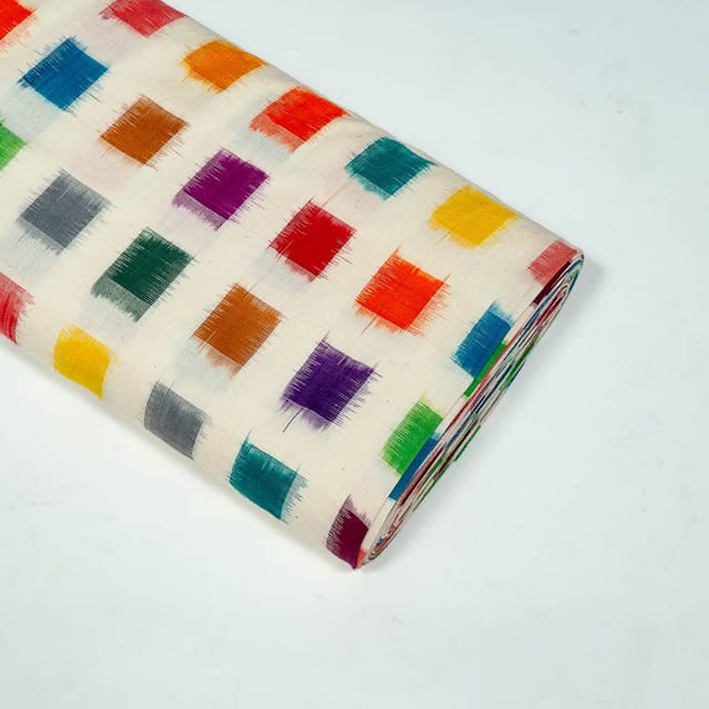White and Multi Colour Cotton Ikat Fabric