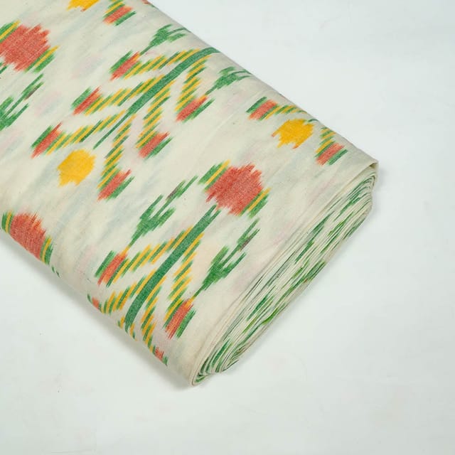 White and Multi Colour Cotton Ikat Fabric