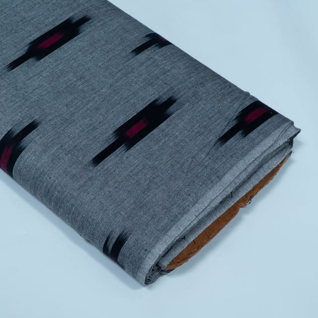 Grey Base Black and Red Design Cotton Ikat Fabric