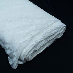 White Dyeable Floral Design Cotton Nylon Lurex Net Fabric