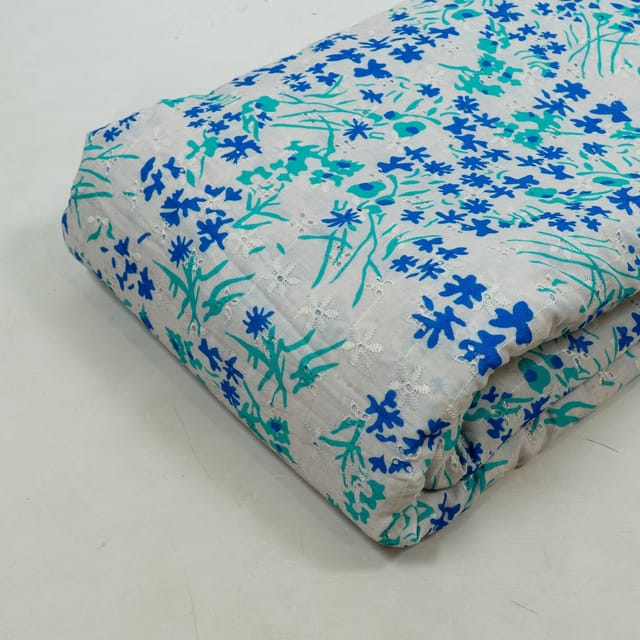 Off White Color Cotton Schiffli Fabric with Floral Digital Print – Fresh & Breezy Elegance (2Meter Cut Piece)