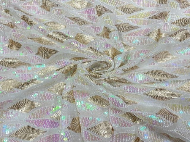 Dyeable Embroidered Georgette White Pink Leaves