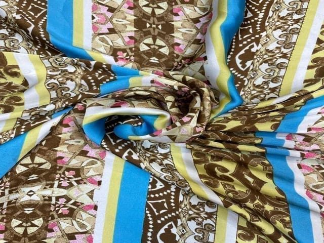 Printed Imported Satin Blue MultiColour Geometric