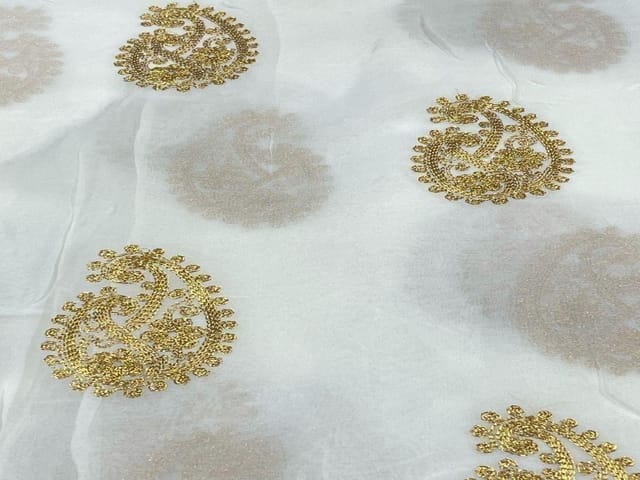 Dyeable Embroidered Georgette White Golden Paisleys