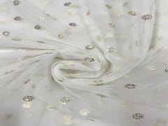 Dyeable Embroidered Net White Golden Floral Motifs