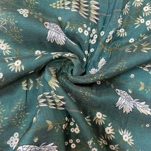Bottle Green Colour Pure Chanderi Silk Printed Fabric