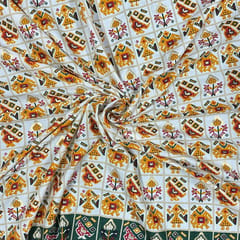 Yellow Colour Linen Slub Foil Printed Fabric