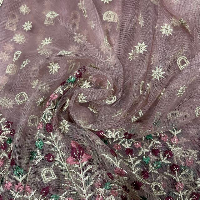 Pink Colour Net Embroidered Fabric
