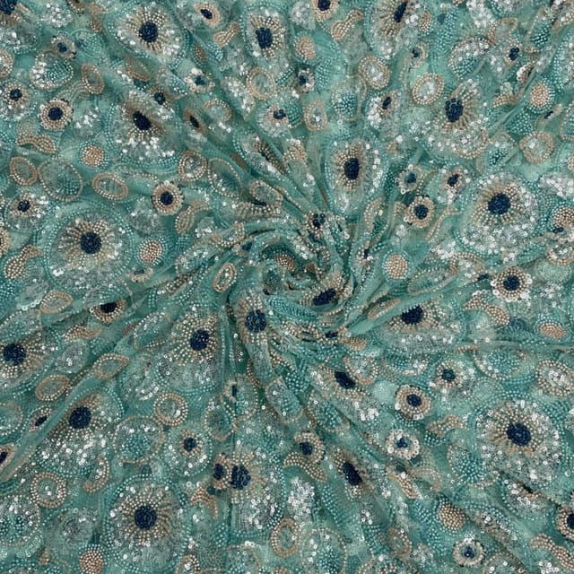 Aqua Blue Colour Geometric Cut Dana Embroidered Fabric
