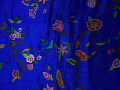 Royal Blue Floral Embroidery Pure Raw Silk Fabric
