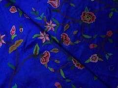 Royal Blue Floral Embroidery Pure Raw Silk Fabric