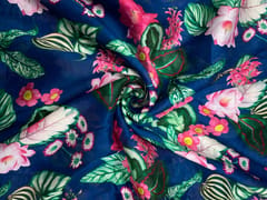 Navy Blue & Green Floral Pure Chanderi Fabric
