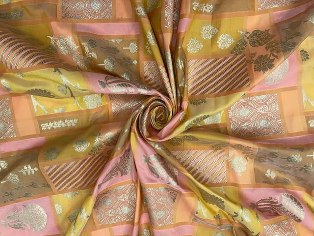 Mustard Colour Geometric Semi Soft Brocade Fabric