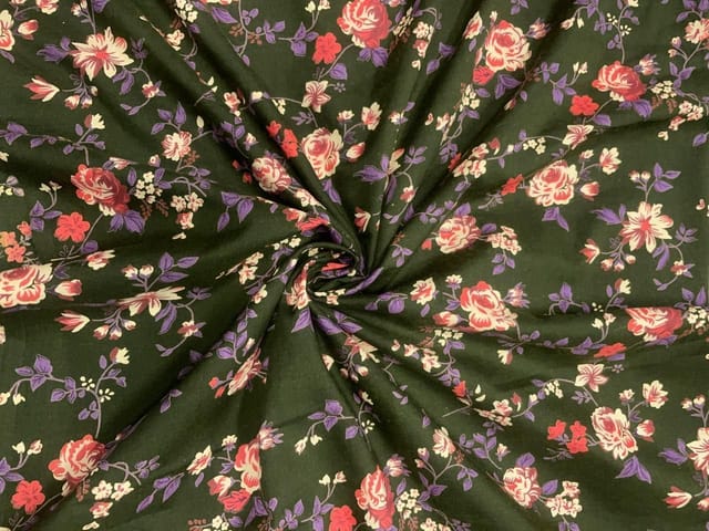 Bottle Green Floral Cotton Lizzybizzy Fabric