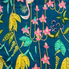 Teal Blue Colour Floral Pure Dupion Silk Print Fabric