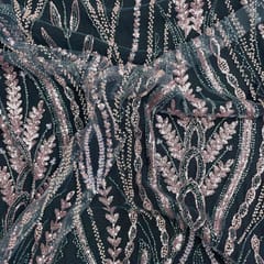 Blue & Grey Colour Floral Cut Dana Embroidered Net Fabric