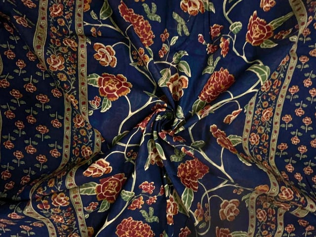 Navy Blue Floral Cotton Dupatta Fabric