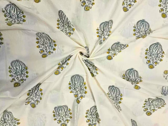 White & Grey Floral Cotton Cambric Fabric