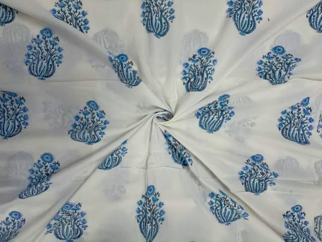 White & Sky Blue Floral Cotton Cambric Fabric