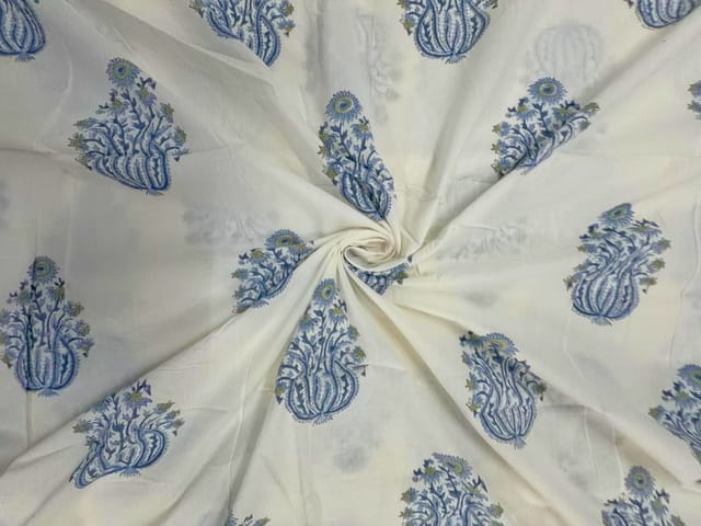 White & Blue Floral Cotton Cambric Fabric