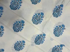 White & Sky Blue Floral Cotton Cambric Fabric
