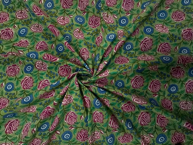 Green Floral Cotton Cambric Rapid Fabric