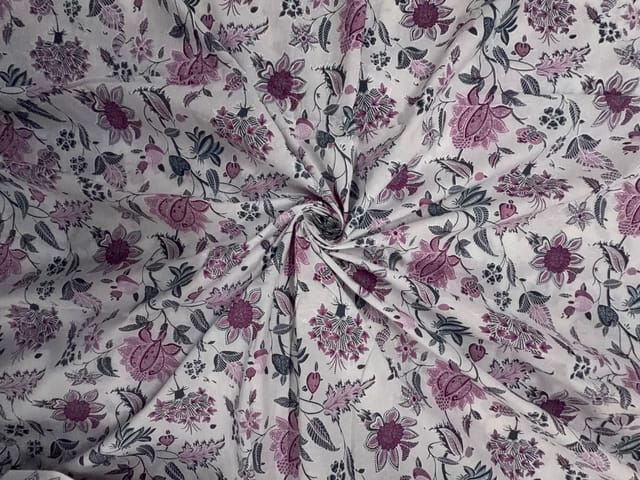 White & Purple Floral Cotton Cambric Fabric