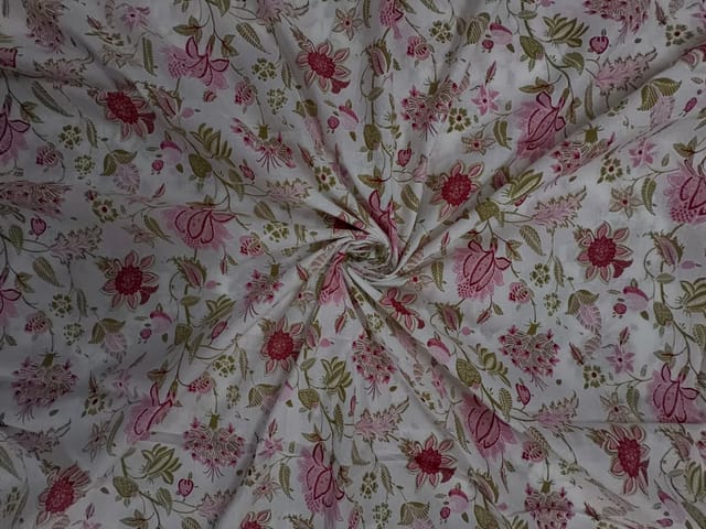 White & Pink Floral Cotton Cambric Fabric