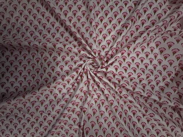 White & Pink Floral Cotton Cambric Fabric