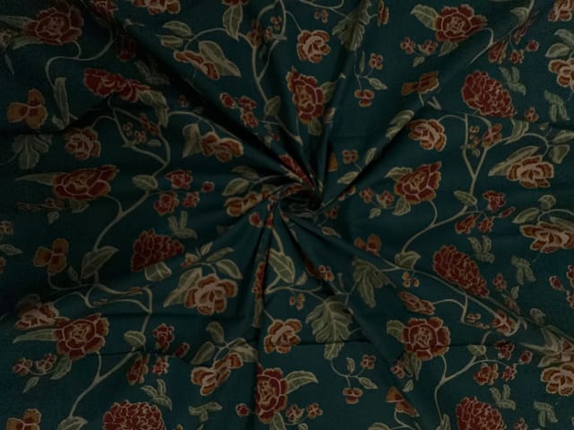 Dark Teal Blue Floral Cotton Cambric Fabric